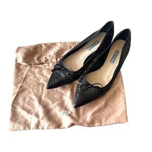 Prada Pointed Toe Flats, Black Perforated Leather, Size 39 EU, dust bag/box